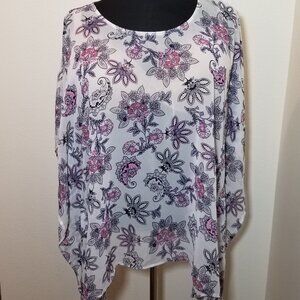 Lane Bryant Semi Sheer Slit Sleeve Kimono Blouse White Floral Boho Peasant Sz 20
